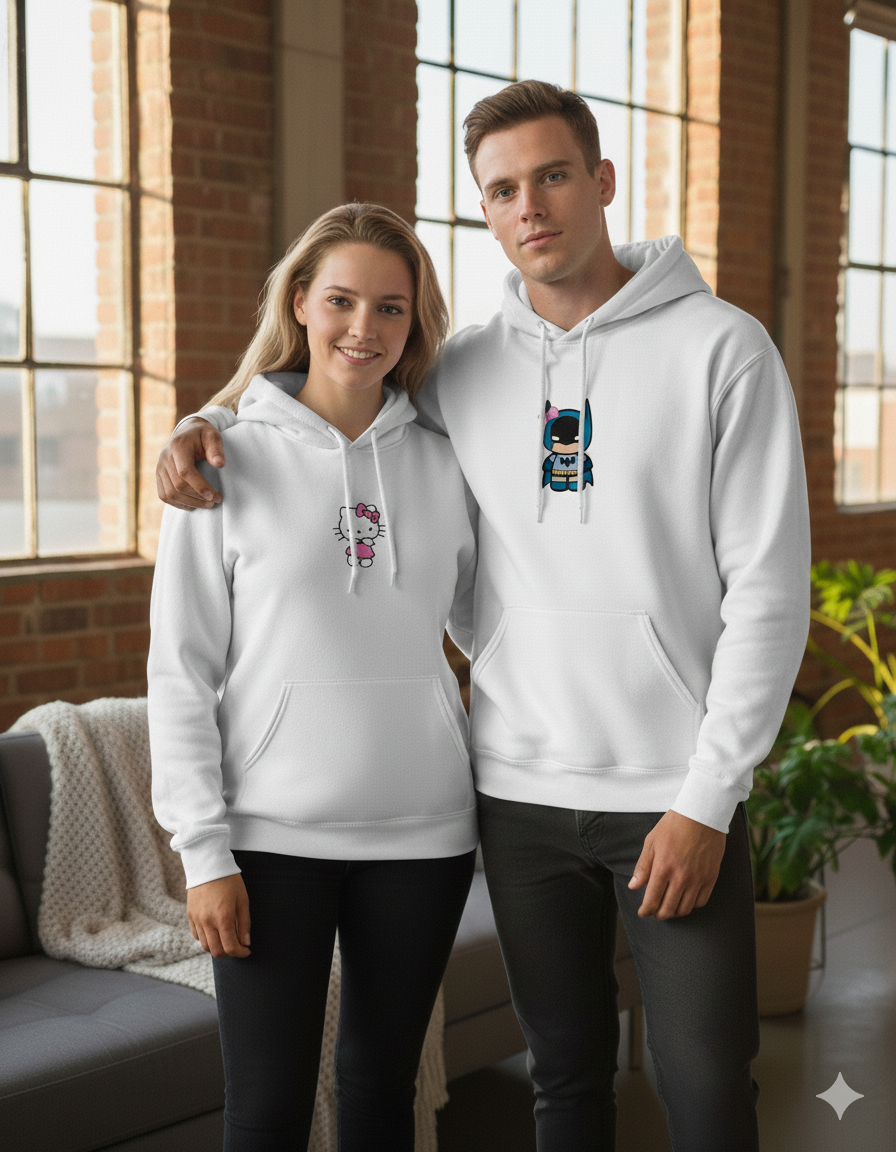 Hello Kitty & Batman Matching Couple Hoodies Set | White Graphic Pullovers for Him & Her