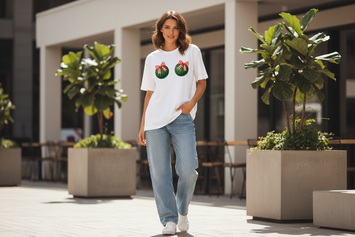Watermelon Bow Oversized Graphic Tee | 240 GSM Heavyweight Cotton - Women's