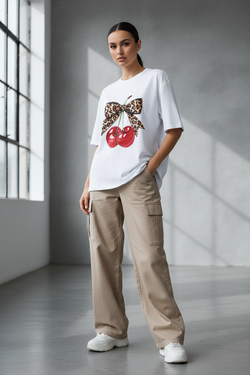 Leopard Bow Cherry Oversized Graphic T-Shirt | 240 GSM Heavyweight Cotton Streetwear