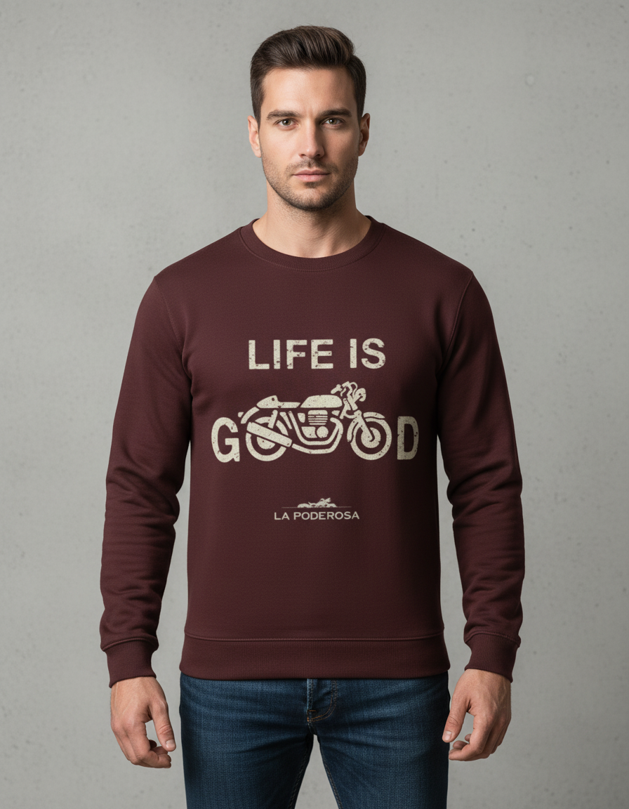 Vintage Motorcycle Graphic Sweatshirt | "LIFE IS G O O D" Biker 300 GSM Fleece