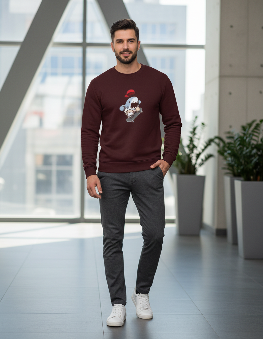 Skater Shark Graphic Crewneck | Cute Streetwear 300 GSM Cotton Fleece