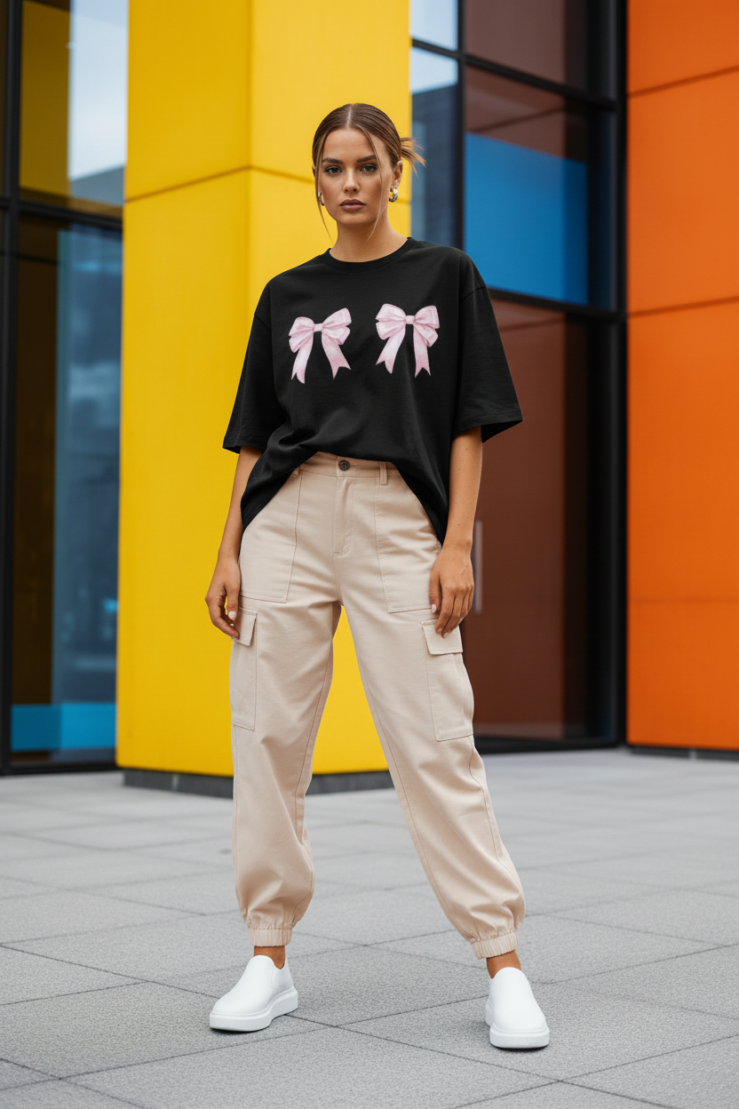 Women’s Pink Bow Coquette Oversized T-Shirt - Heavyweight 240 GSM Premium Cotton