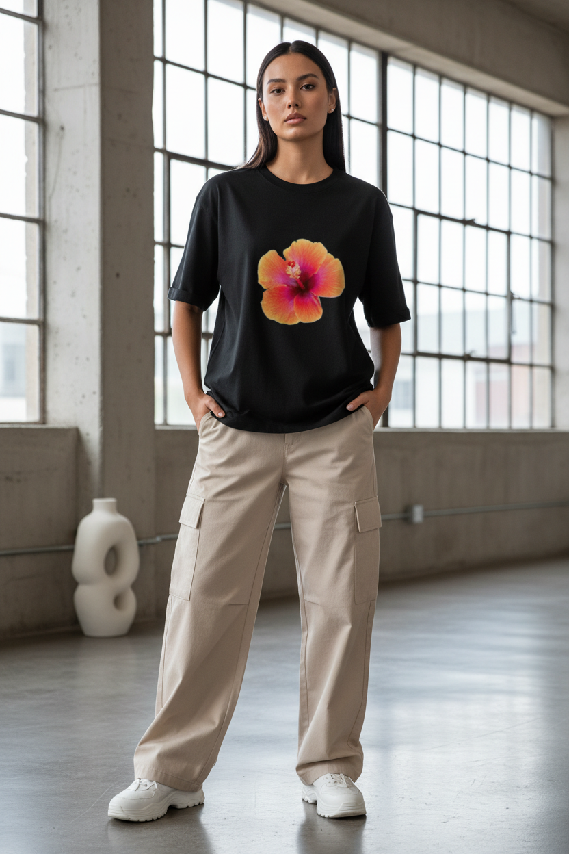 Women’s Hibiscus Floral Oversized T-Shirt - Heavyweight 240 GSM Premium Cotton
