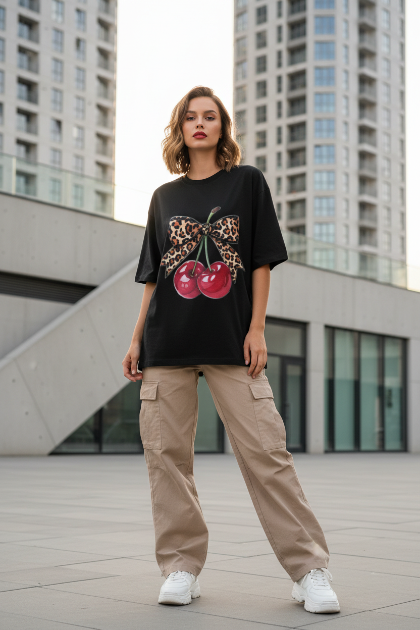 Leopard Bow Cherry Oversized Graphic T-Shirt | 240 GSM Heavyweight Cotton Streetwear