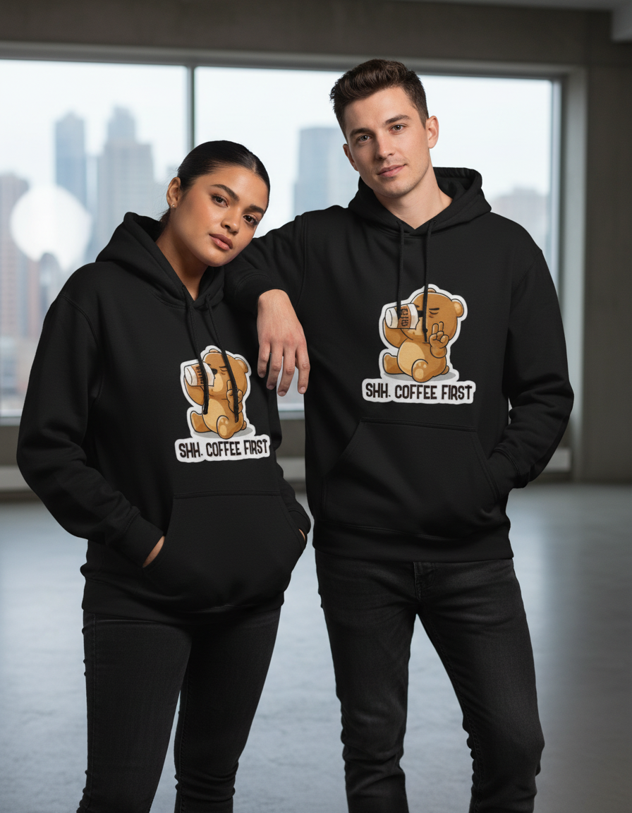 Unisex Regular Fit Cute Bear Coffee Quote 300 GSM Fleece Hoodie