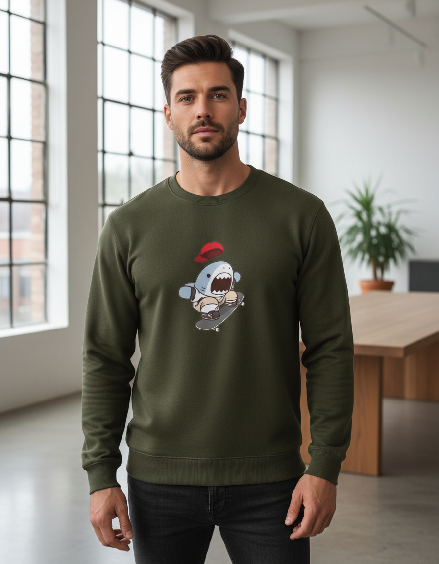 Skater Shark Graphic Crewneck | Cute Streetwear 300 GSM Cotton Fleece