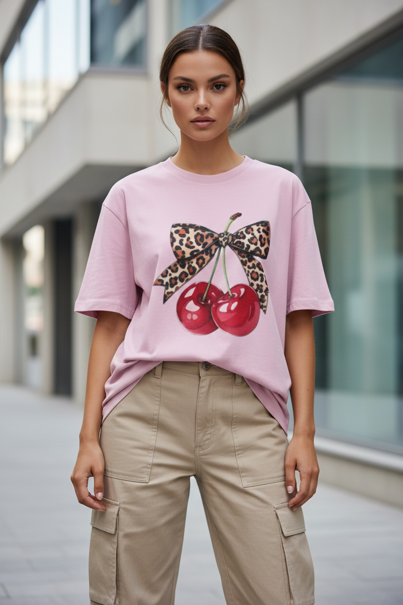 Leopard Bow Cherry Oversized Graphic T-Shirt | 240 GSM Heavyweight Cotton Streetwear