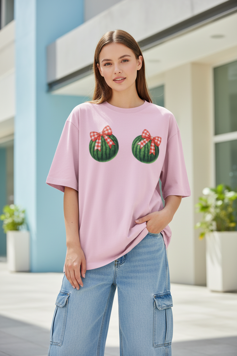 Watermelon Bow Oversized Graphic Tee | 240 GSM Heavyweight Cotton - Women's