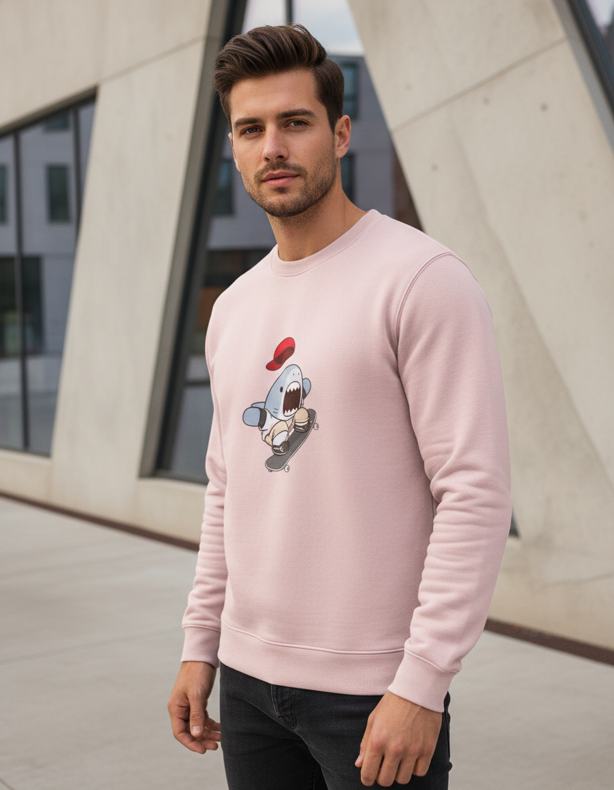 Skater Shark Graphic Crewneck | Cute Streetwear 300 GSM Cotton Fleece