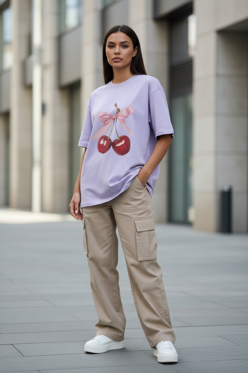 R27 Cherry Bow Oversized T-Shirt - Heavyweight 240 GSM 100% Cotton