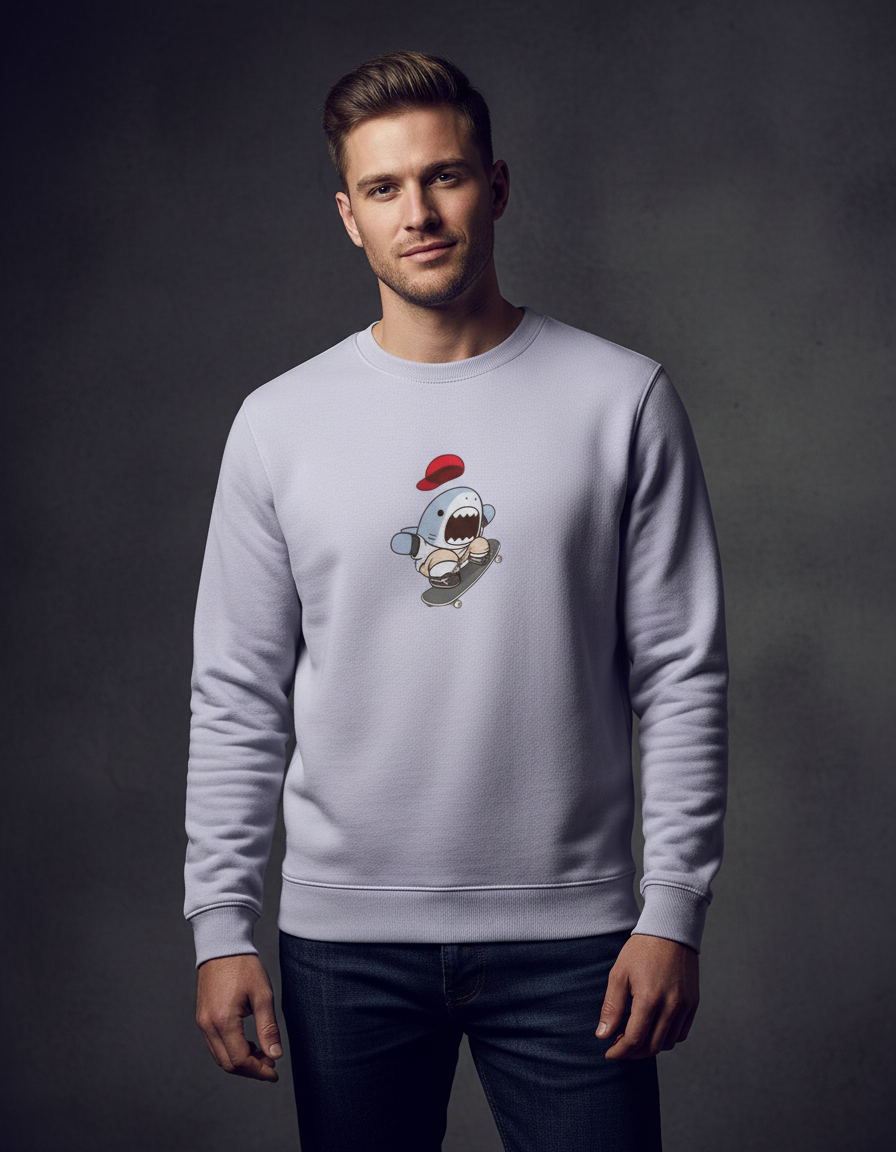 Skater Shark Graphic Crewneck | Cute Streetwear 300 GSM Cotton Fleece