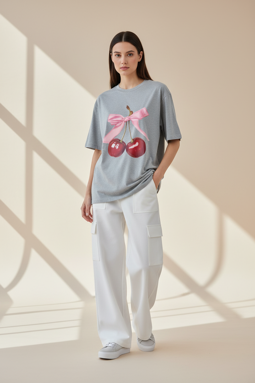 R27 Cherry Bow Oversized T-Shirt - Heavyweight 240 GSM 100% Cotton