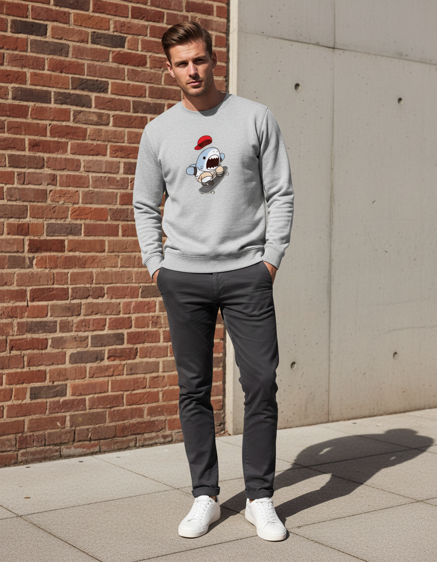 Skater Shark Graphic Crewneck | Cute Streetwear 300 GSM Cotton Fleece