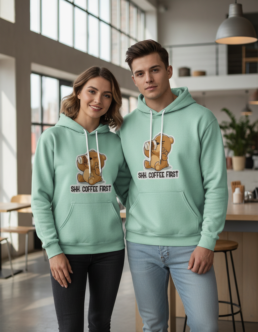 Unisex Regular Fit Cute Bear Coffee Quote 300 GSM Fleece Hoodie