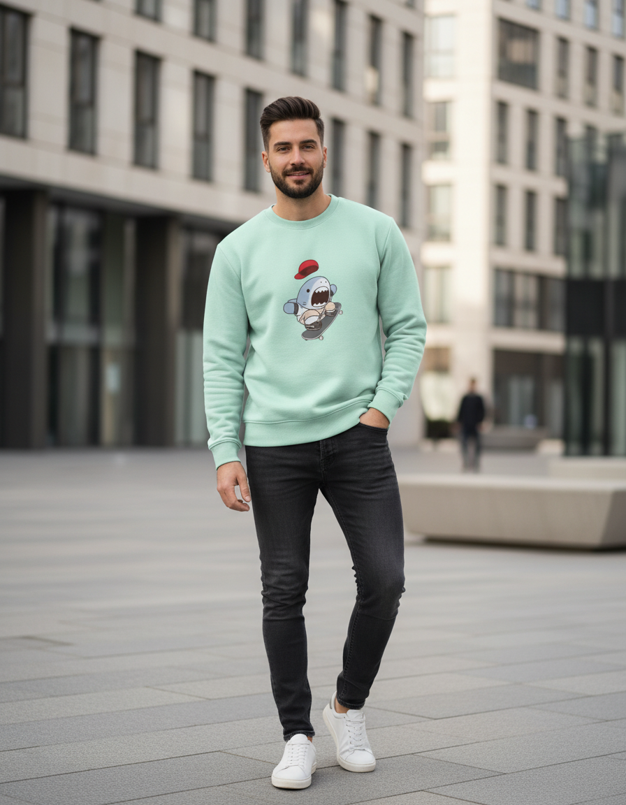 Skater Shark Graphic Crewneck | Cute Streetwear 300 GSM Cotton Fleece
