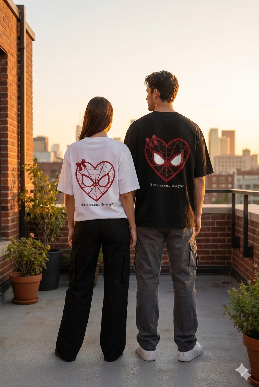 Spider-Man Web Heart Couple Combo Oversized T-Shirts | 240 GSM Heavyweight Cotton Matching Set